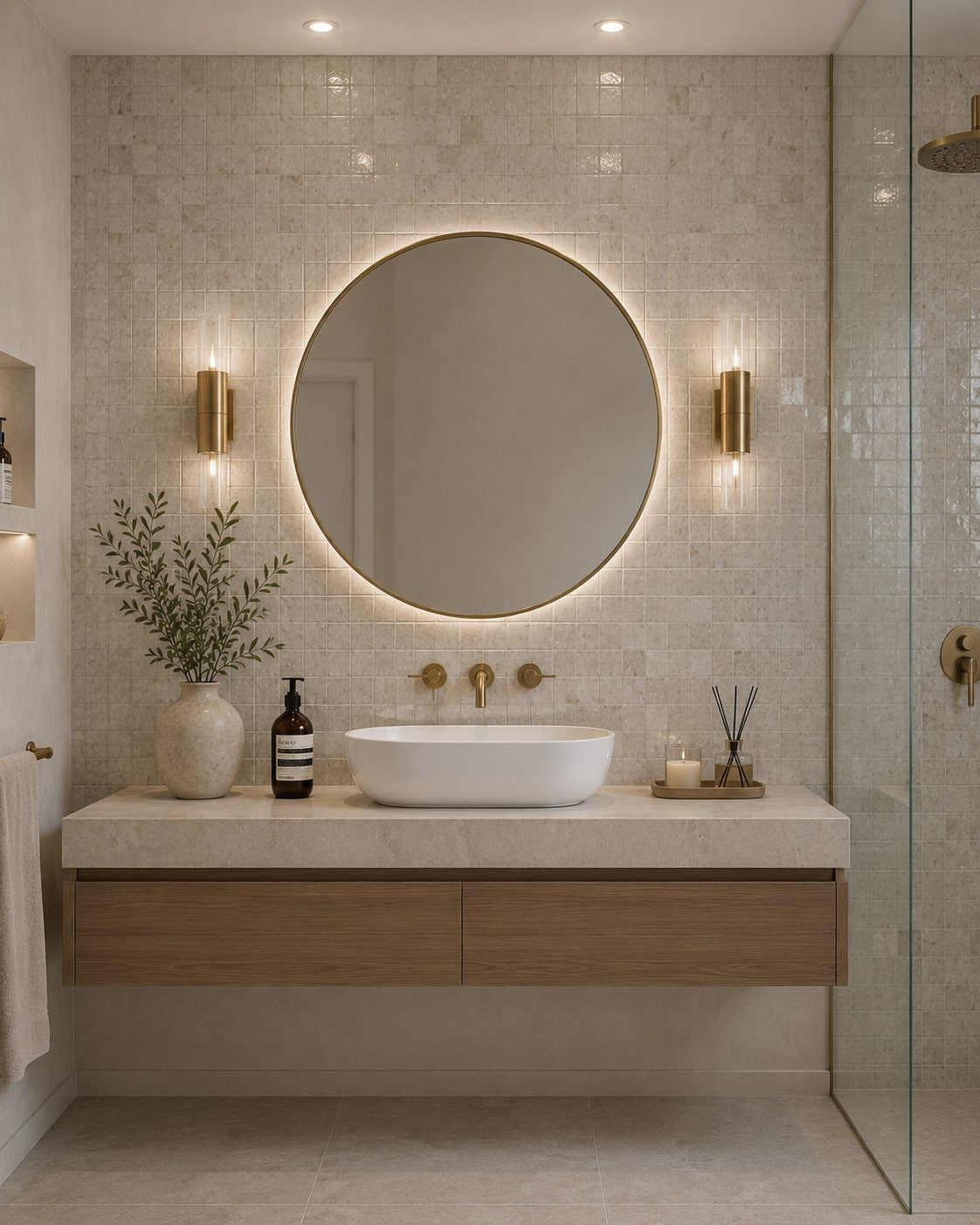Marmor Mosaik Cappuccino Beige auf Netzen Innenbereich Badezimmer
